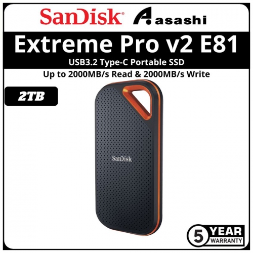 Sandisk E81 Extreme Pro v2 2TB USB3.2 Gen2x2 Type-C Portable SSD - SDSSDE81-2T00-G25 (Up to 2000MB/s Read Speed & 2000MB/s Write Speed)