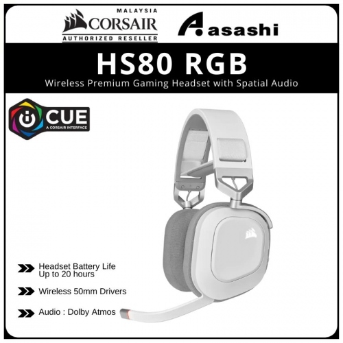 PROMO - CORSAIR HS80 RGB Wireless Premium Gaming Headset with Spatial Audio - Works with Mac, PC, PS5, PS4 - White (CA-9011236-AP)