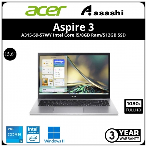Acer Aspire 3 A315-59-57WY Notebook-(Intel Core i5-1235U/8GB DDR4 OB(1 slot)/512GB SSD/No ODD/15.6